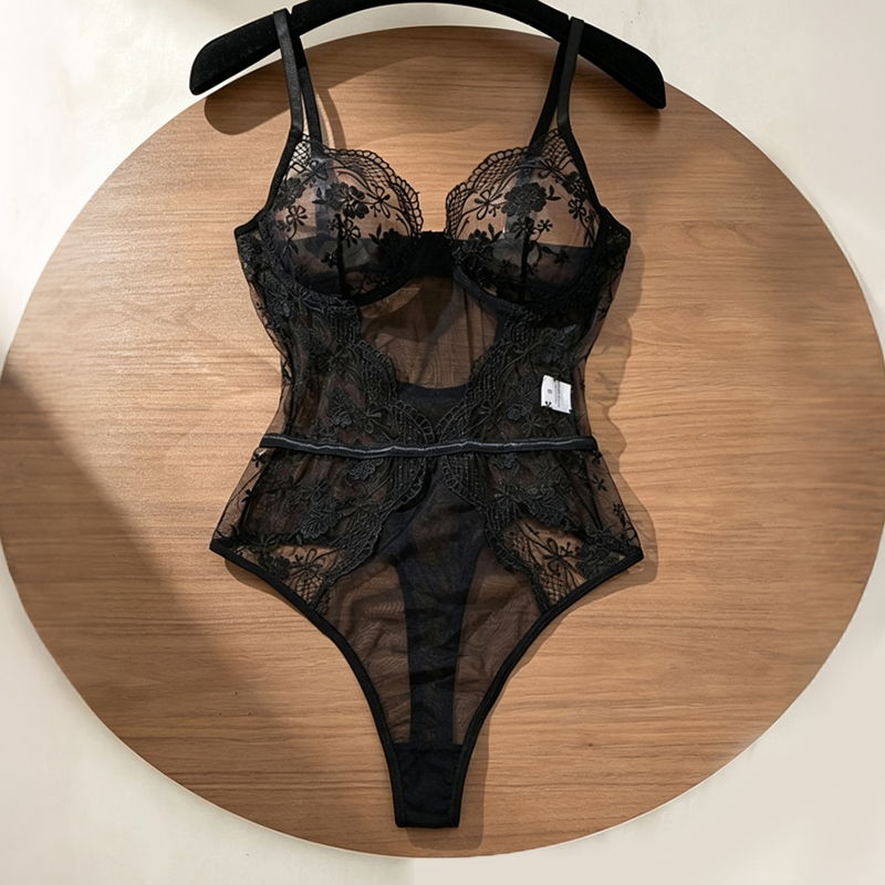 Lace Teddy Lingerie - Bodysuit renda bunga untuk wanita, berwarna